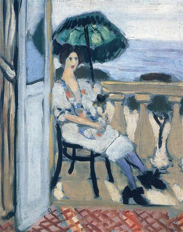 Seated woman on a balcony holding a dark green parasol; open pale-blue door at left, ochre balustrade at right, bands of blue sea and pale sky beyond; red lattice floor tiles in foreground; simplified forms with bold black contours and a cool Mediterranean palette.