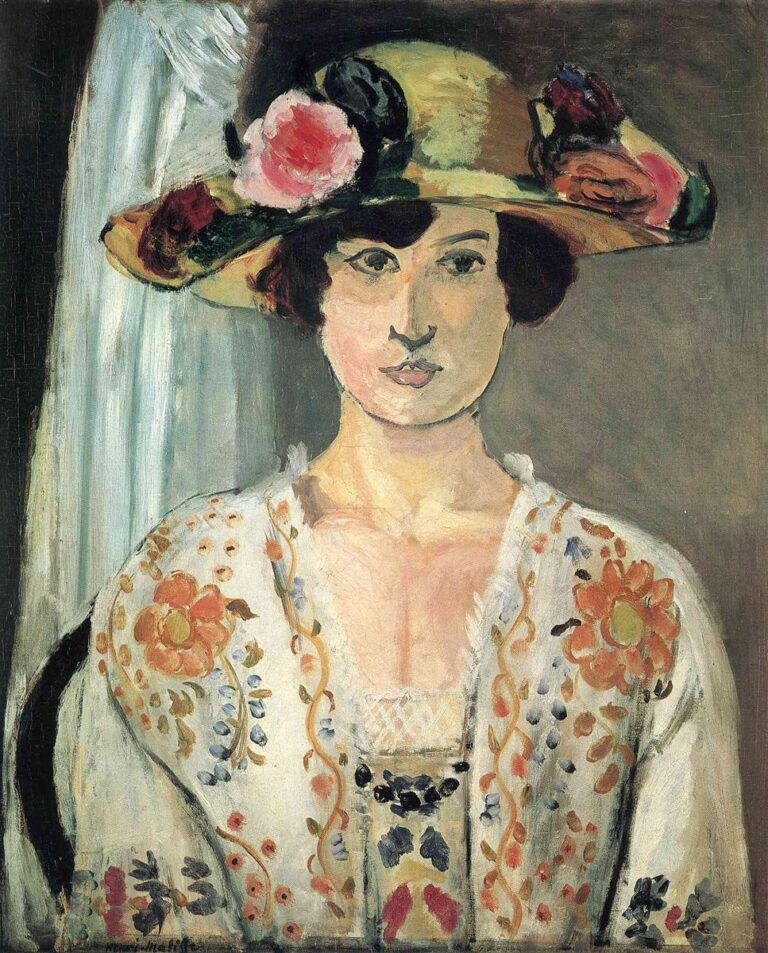 Bust-length portrait of a woman facing forward, wearing a wide-brimmed straw hat with flowers and a white embroidered blouse, against a gray wall and pale curtain; painted by Henri Matisse in 1920.