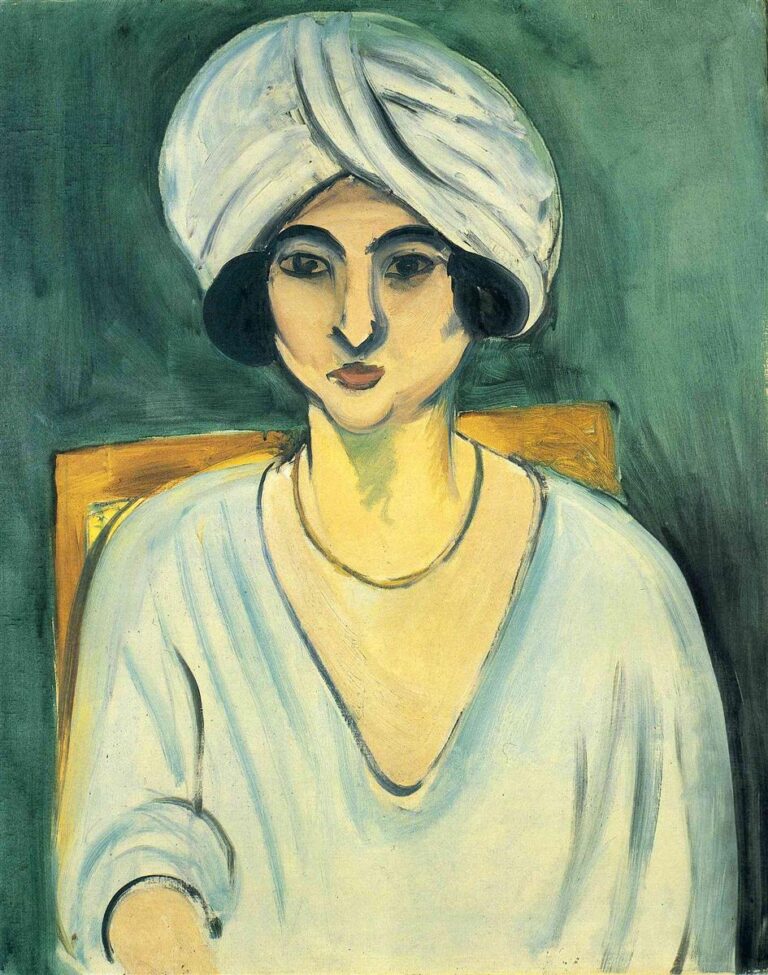 Frontal portrait by Henri Matisse of a woman identified as Lorette wearing a white turban and pale blue blouse, seated before a green background with a narrow yellow chair-back; simplified features, bold black outlines, and a restrained cool palette create a calm, modern presence.