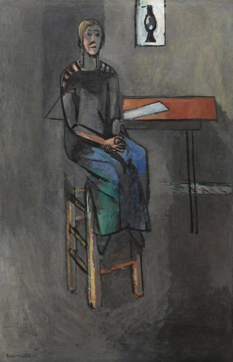 Gray studio interior with a woman seated on a high wooden stool, wearing a dark tunic and blue-green skirt, hands clasped; rust-red tabletop with a white paper at right and a small black silhouette picture on the wall; simplified planes and bold black outlines in Matisse’s 1914 style.