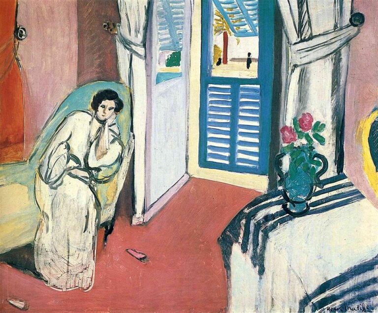 Interior scene with a woman in a white robe seated in a turquoise armchair at left; coral-red floor with two pink slippers; open doorway with blue shutters reveals palm and promenade; right side shows black-and-white striped cloth and green jug holding pink roses; bold black contours and simplified shapes in Mediterranean light.