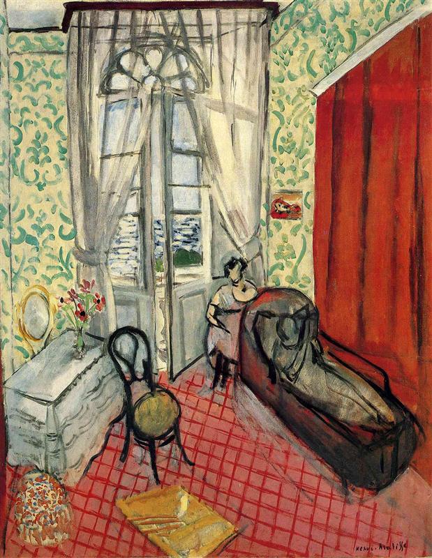 A high-view interior with mint-green patterned wallpaper, a red cross-hatched floor, and tall French windows opening to a sliver of sea; a woman sits by a dark chaise at right, a pale table with flowers and an oval mirror stands at left, and a large red curtain anchors the scene, all drawn with bold black contours and luminous color.