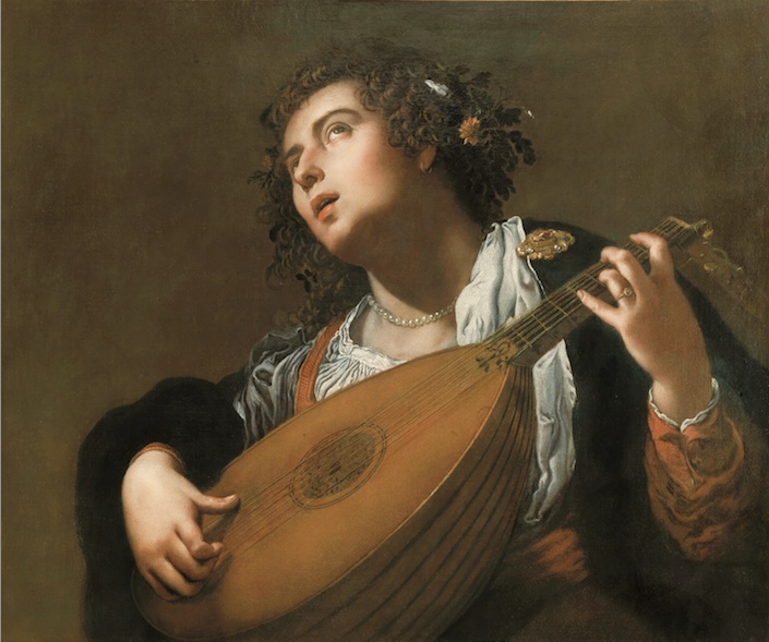 Half-length young woman with curled hair and pearl necklace plays a lute, eyes lifted as if following a melody; warm light models her face and hands while the instrument’s golden soundboard glows against a dark background.