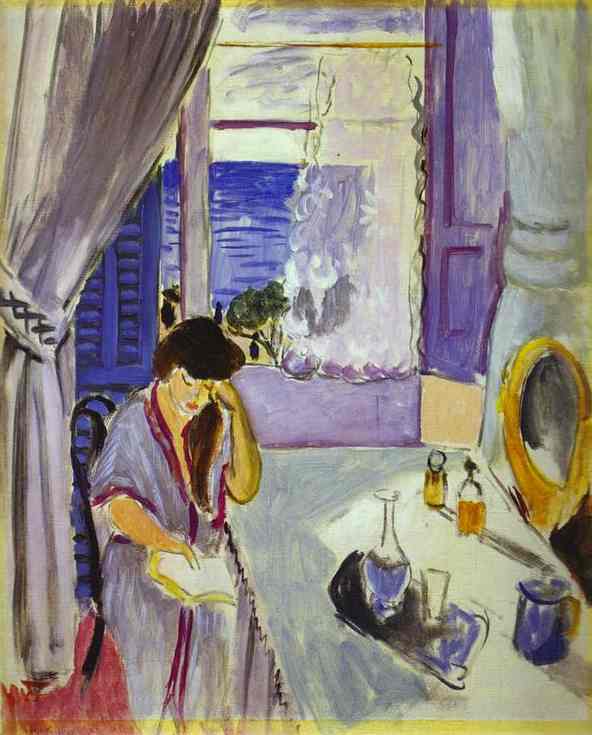 Interior with a woman reading at a dressing table; pale tabletop with carafe, tray, and amber bottles; oval mirror at right; open window with lilac shutters, lace curtain, and bands of blue sea beyond; gray-lavender curtain at left; cool violets and blues warmed by rose and ochre accents.