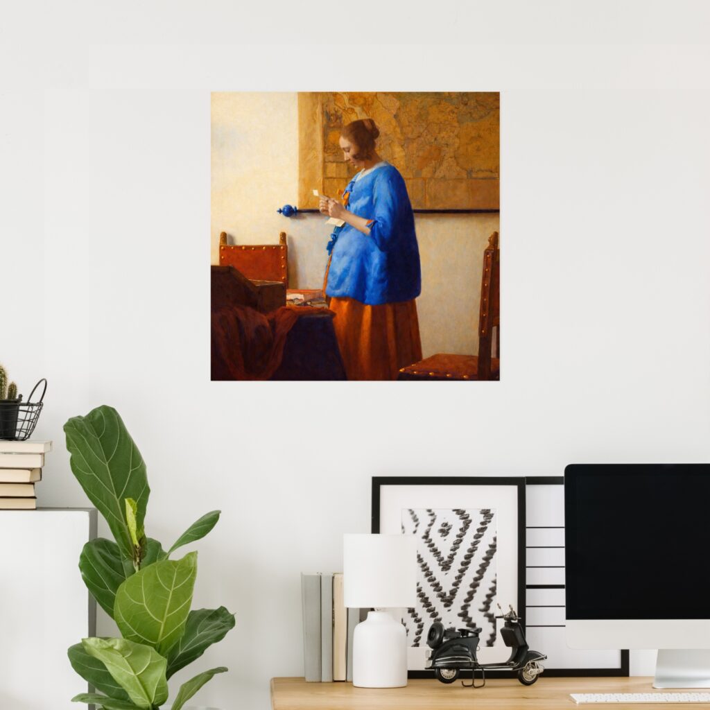 Poster of Johannes Vermeer’s “Woman Reading a Letter,” showing a woman in a blue jacket reading a letter beside a table, with warm light, chairs, and a wall map in a quiet Dutch interior scene.