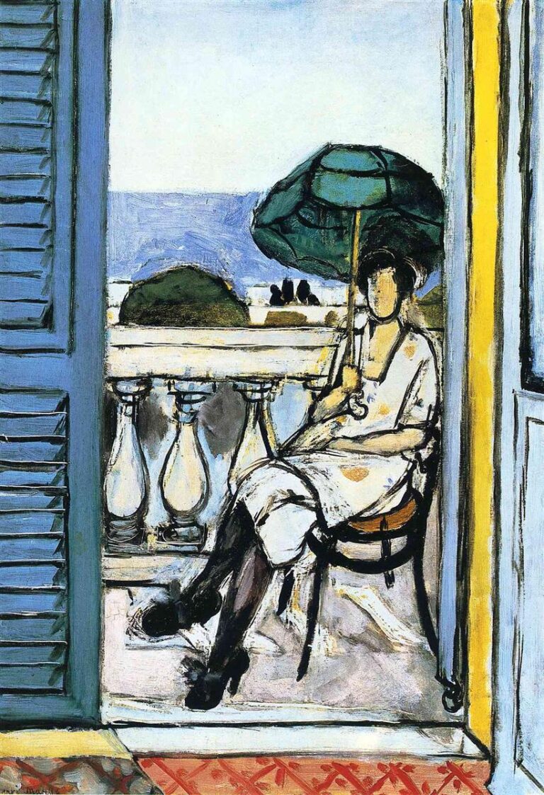 Balcony interior framed by a blue shutter at left and yellow doorjamb at right; a woman in a light dress sits on a chair, legs crossed, holding a dark green parasol; white balustrade and bands of blue sea and pale sky beyond; red patterned threshold at bottom; bold black contours and cool Mediterranean light.