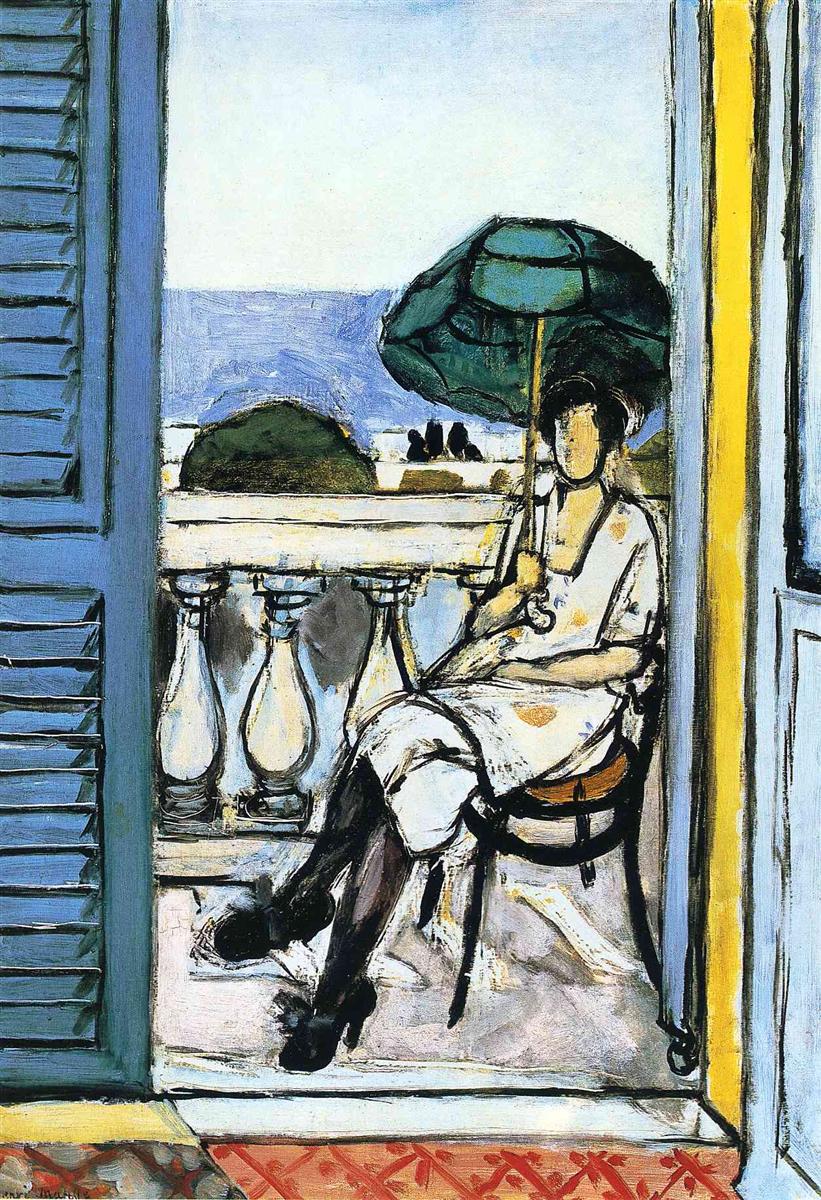 Balcony interior framed by a blue shutter at left and yellow doorjamb at right; a woman in a light dress sits on a chair, legs crossed, holding a dark green parasol; white balustrade and bands of blue sea and pale sky beyond; red patterned threshold at bottom; bold black contours and cool Mediterranean light.
