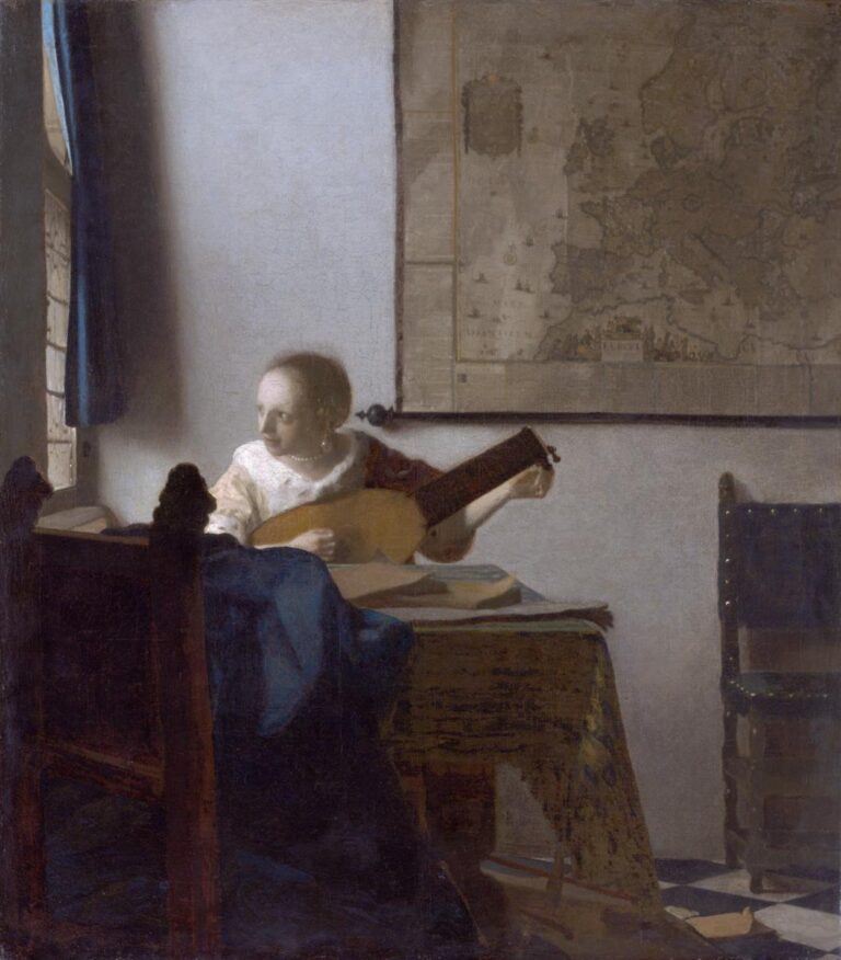 A woman seated at a table holds a lute and turns toward an open casement window; a blue cloak drapes a foreground chair, sheet music lies on the table, and a large map of Europe hangs on the wall in a softly lit Delft interior.