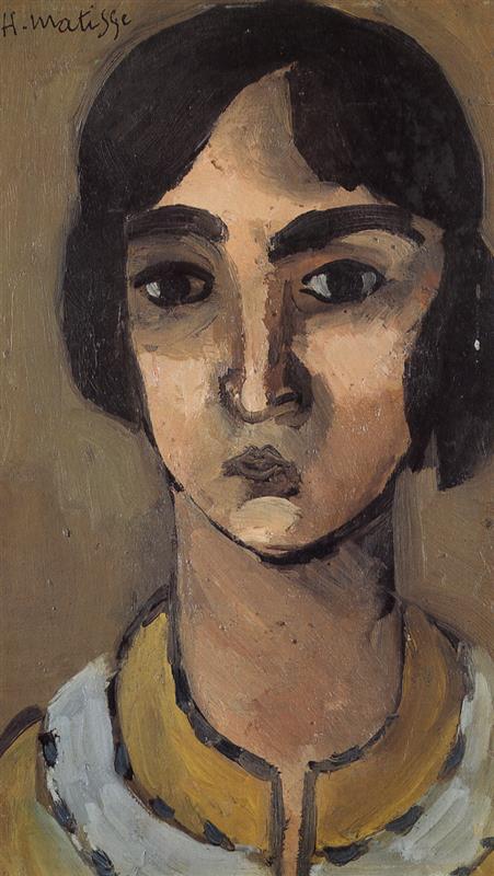 Close frontal portrait by Henri Matisse (1918) of a woman with dark hair against a warm ochre background; simplified features, strong black contours, muted skin tones, and a yellow collar emphasize structure and calm modernity.