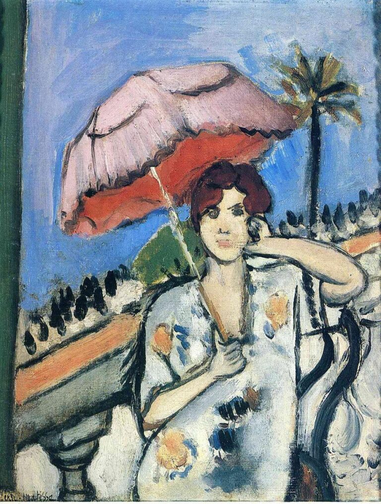 A seated woman holds a pink-and-coral parasol on a terrace with blue sky and a palm tree; she wears a light floral robe, outlined in dark contours, in a 1920 painting by Henri Matisse.