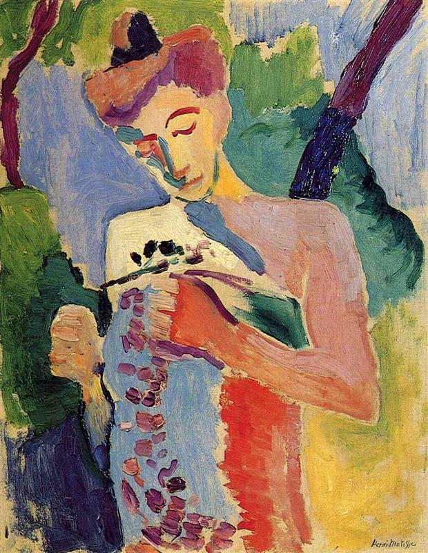 Fauvist portrait of a woman holding a small branch of flowers at her chest; warm peach and coral flesh tones contrasted with periwinkle, lavender, and green planes; simplified features, violet patterned garment, leafy green masses behind; confident brushwork and minimal dark accents define the figure.