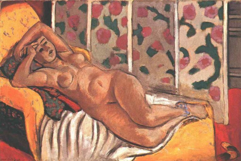Nude woman reclining diagonally on a bright yellow couch with white drapery, set before a flat floral screen of pink and green motifs; shallow, tapestry-like interior painted by Henri Matisse in 1926.
