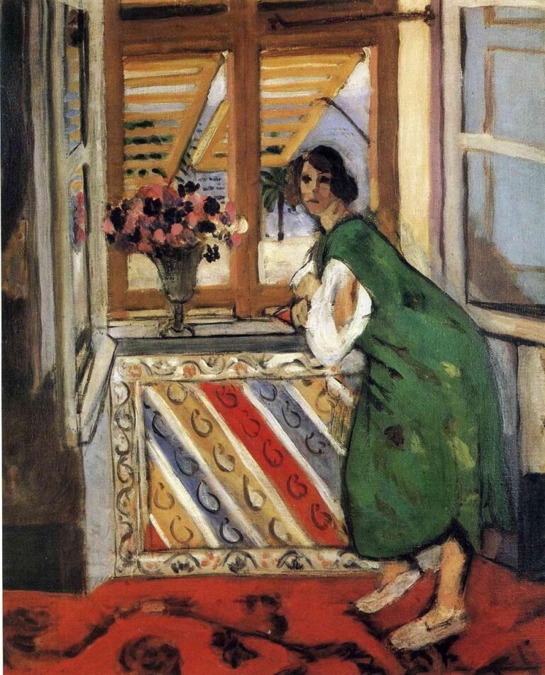 Young woman in a green dress leaning on a window sill beside a vase of pink and dark flowers; golden shutters, a glimpse of sky and palm outside; diagonal striped decorative panel beneath the window and a deep red patterned carpet in the foreground, painted in Matisse’s Nice-period style.