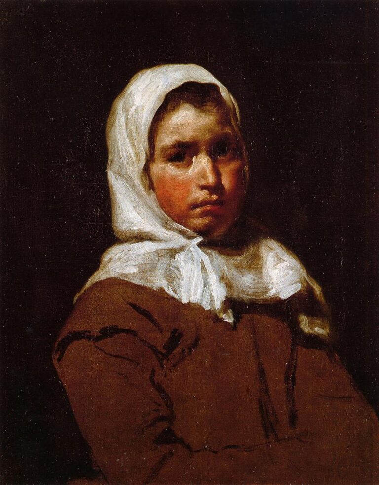 Bust-length portrait of a young girl in a white headscarf and brown garment, turned three-quarters toward the light against a dark, atmospheric background, her expression calm and reflective.