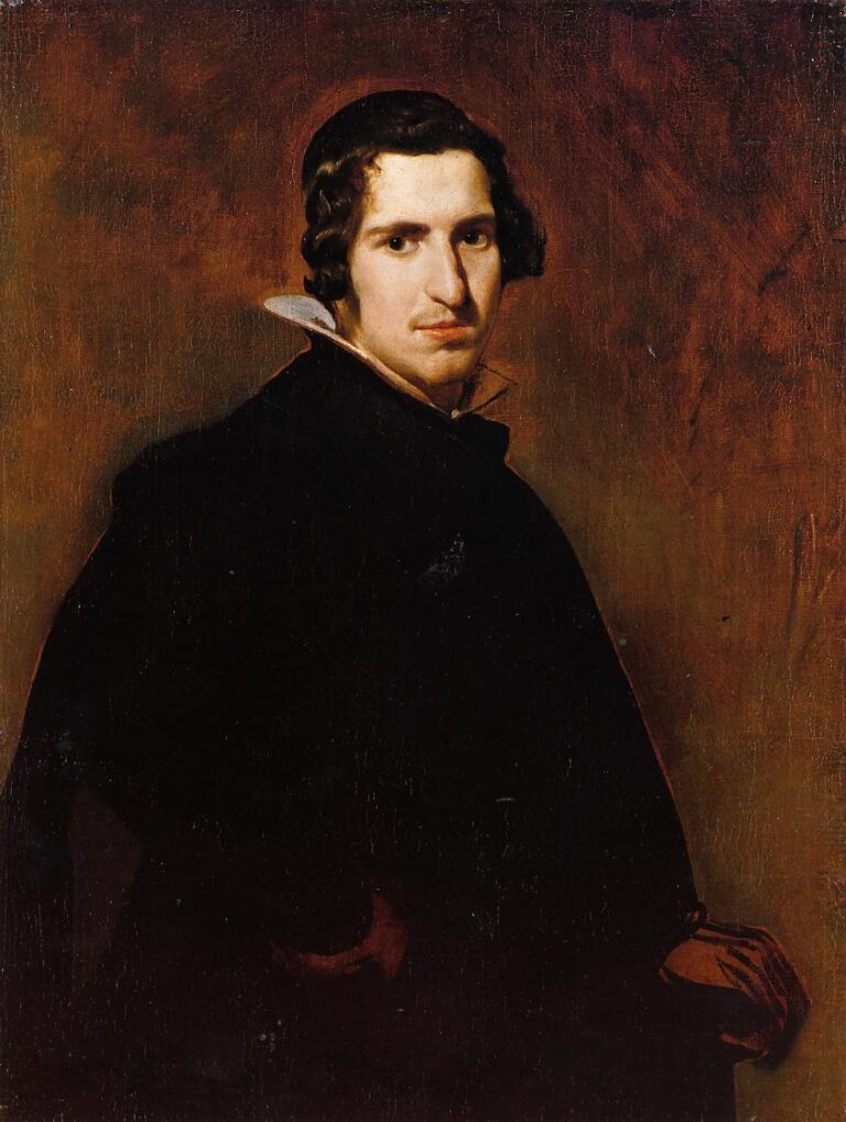 Half-length portrait of a young Spanish man in a dark cloak and crisp white collar, turning toward the viewer against a warm brown background, his face softly lit from the left with calm, attentive eyes and a gloved hand emerging from shadow.