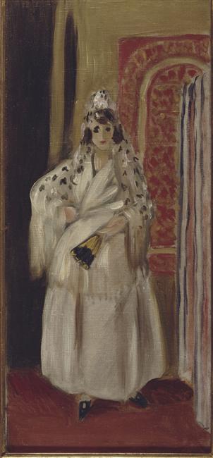 Standing woman in layered white dress and veil holding a dark fan, set in a shallow interior with a red patterned wall and a striped curtain; wine-colored floor and simplified features characteristic of Matisse’s Nice period, 1926.