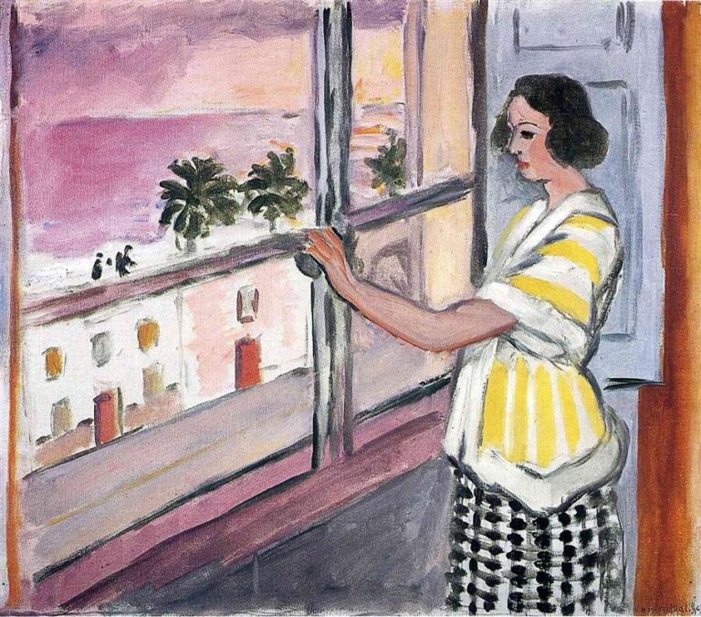 Side-view of a young woman in a white blouse with yellow stripes and a black-and-white checked skirt, touching a window cross while looking out at a mauve sunset over palms and a seafront façade; interior shutter and sill frame the scene in Matisse’s airy Nice-period style.
