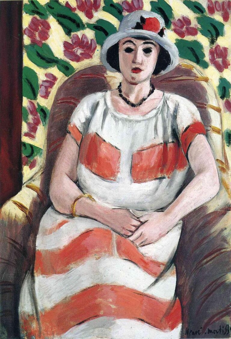 A woman wearing a light gray cloche hat with a red accent sits frontally in a cushioned armchair; she wears a white dress with broad pink bands, a black bead necklace, and a gold bracelet, set against pale yellow wallpaper patterned with green leaves and rose-pink flowers.