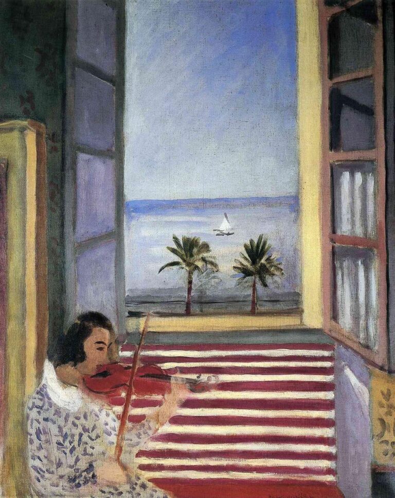 A young woman plays a red violin near an open window; red-and-cream stripes run diagonally across a balcony toward two palm trees and a calm blue sea with a small white sailboat under a pale sky.