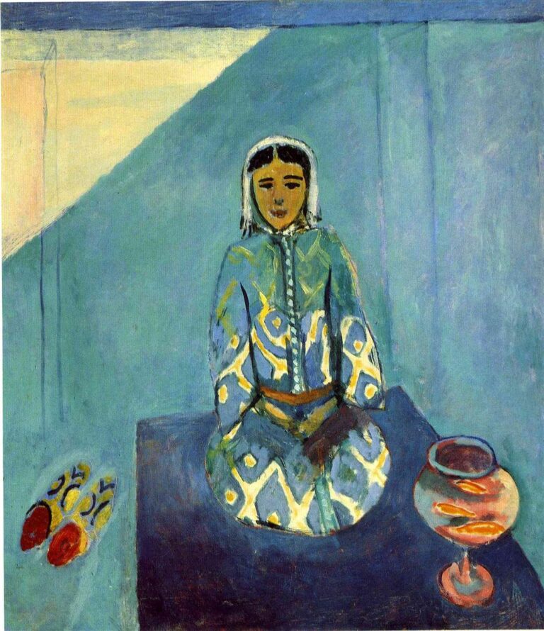 A 1912 painting by Henri Matisse showing a seated woman named Zorah on a blue terrace, wearing a patterned blue-green garment and headscarf, with red-tipped slippers on the left and a round goldfish bowl on the right, all set against flat blue walls with a triangular wedge of pale light.
