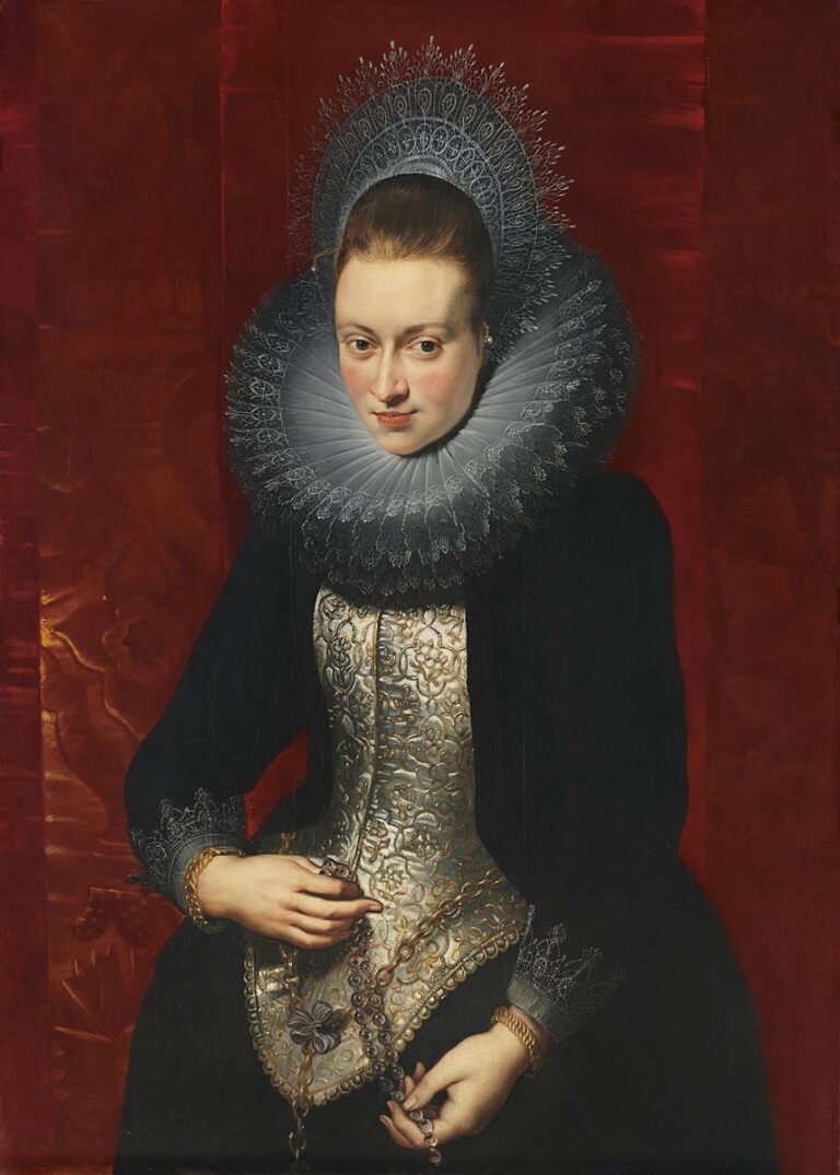 Half-length portrait of a young woman before a crimson background, wearing a large lace ruff and silver-embroidered bodice, gently holding a rosary whose beads fall across her dress while her calm gaze meets the viewer.