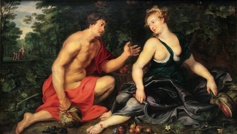 In a leafy garden, a bare-chested Vertumnus kneels with an open hand toward Pomona, who sits in a green and silver gown holding a pruning knife; apples, melons, and vines spill between them as distant figures harvest among trees.