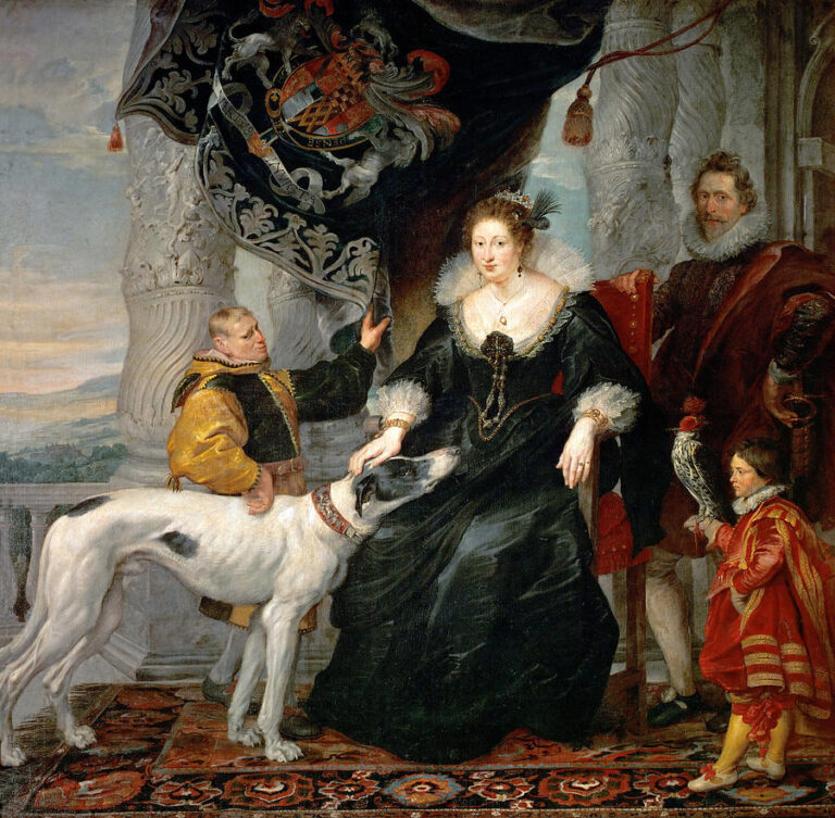 Full-length Baroque portrait by Peter Paul Rubens showing the Countess of Arundel seated in a black satin gown on a terrace beneath a heraldic banner, with a large greyhound at her knee, a page holding a hooded falcon, and attendants framed by monumental columns and an oriental carpet.