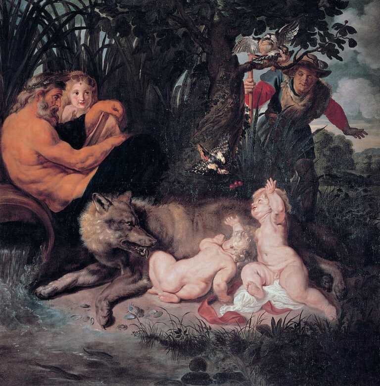 In a wooded clearing, a calm she-wolf nurses two chubby infants while an aged river god and a nymph watch at left and the shepherd Faustulus peers in from the right; birds flutter in a fig tree above and a stream glints in the foreground.
