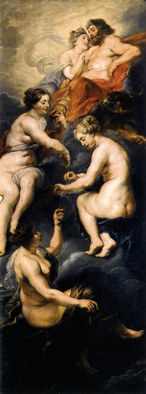 Vertical Baroque canvas by Peter Paul Rubens showing Jupiter and Juno seated on clouds while below them the three Fates spin, measure, and guide a slender life-thread, all bathed in soft light that ascends toward the divine pair.