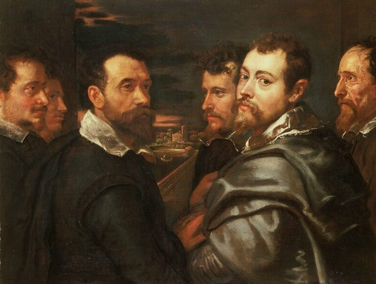 Group portrait by Peter Paul Rubens showing the artist turning toward the viewer while standing among five companions on a balcony, their dark garments and white collars lit warmly, with a small Mantua cityscape visible in the distant evening light.