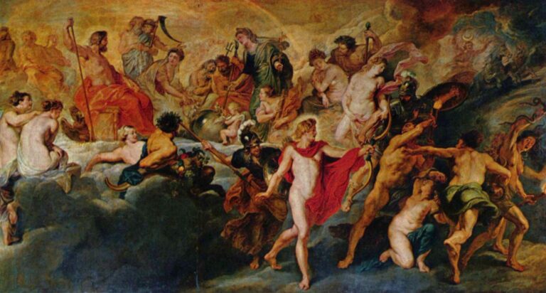 Vast Baroque scene of Olympus where Jupiter enthroned presides over a swirling assembly of gods; Minerva restrains Mars in the foreground, Venus and nymphs glow at center, Neptune and river gods appear at left, and Apollo and Diana anchor the celestial horizon amid golden clouds.