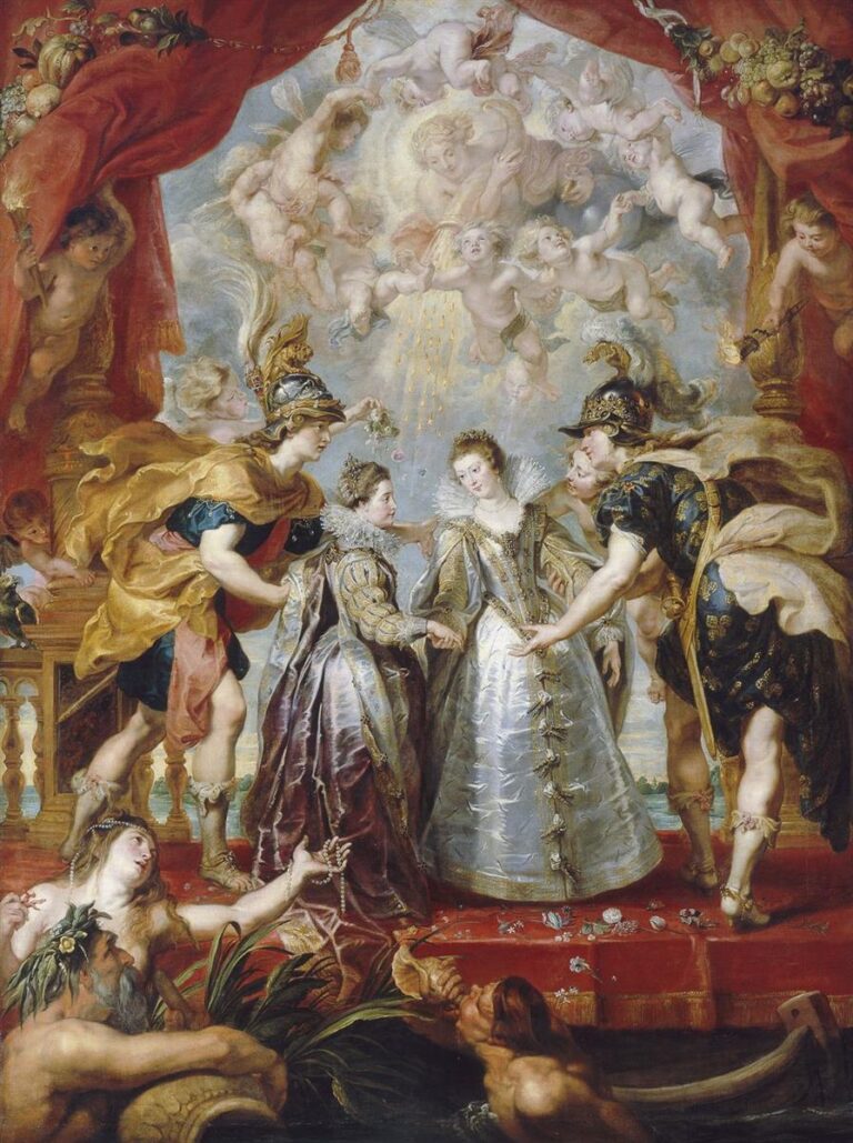 Grand Baroque scene on a red dais where two richly dressed princesses clasp hands as armored personifications of France and Spain guide them, under a canopy and a glowing cloud of putti raining gold, with river gods and a sea nymph offering pearls in the foreground.