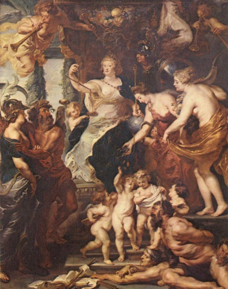 Baroque painting by Peter Paul Rubens showing Marie de’ Medici enthroned under garlands as she holds scales of justice; Peace and Abundance offer wreaths and fruit, Minerva stands in armor, putti play on the steps, and subdued figures lie below while trumpeting personifications proclaim the scene.