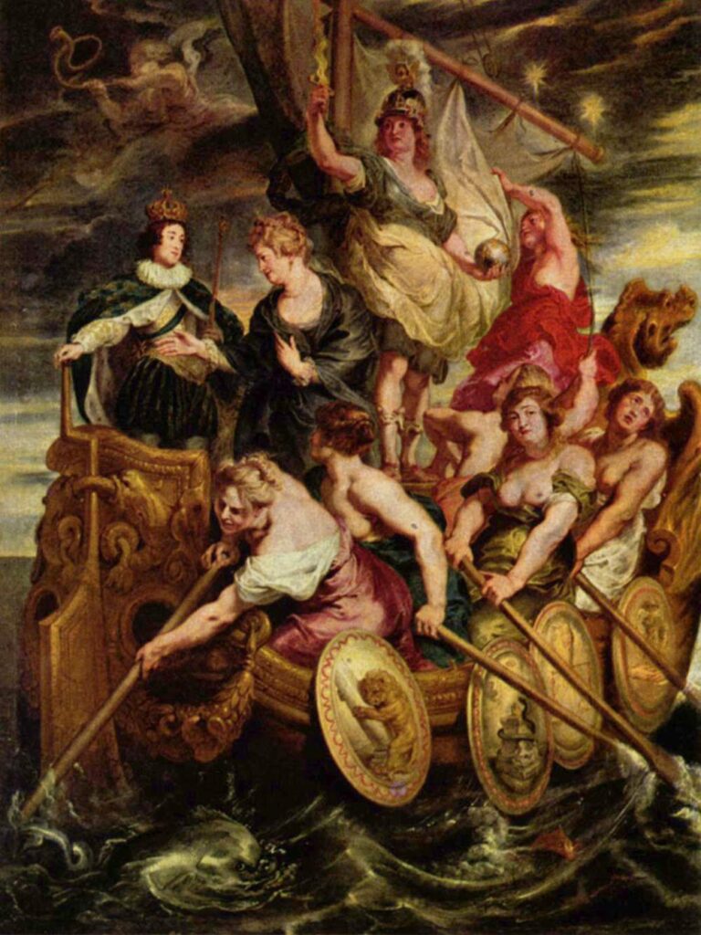 Baroque painting by Peter Paul Rubens showing a gilded ship at sea with the crowned boy-king Louis XIII seated near the prow while allegorical oarswomen row, a helmeted figure lifts a guiding torch, stars mark the yard, and a faint figure of Fame blows favorable wind from the clouds.