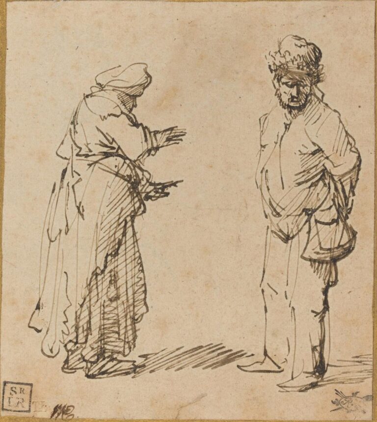 Pen-and-ink drawing of two beggars facing each other on an empty ground; the woman at left leans forward with open hands while the man at right, in a fur cap and satchel, turns toward her with one hand behind his back, their exchange defined by lively, economical lines.