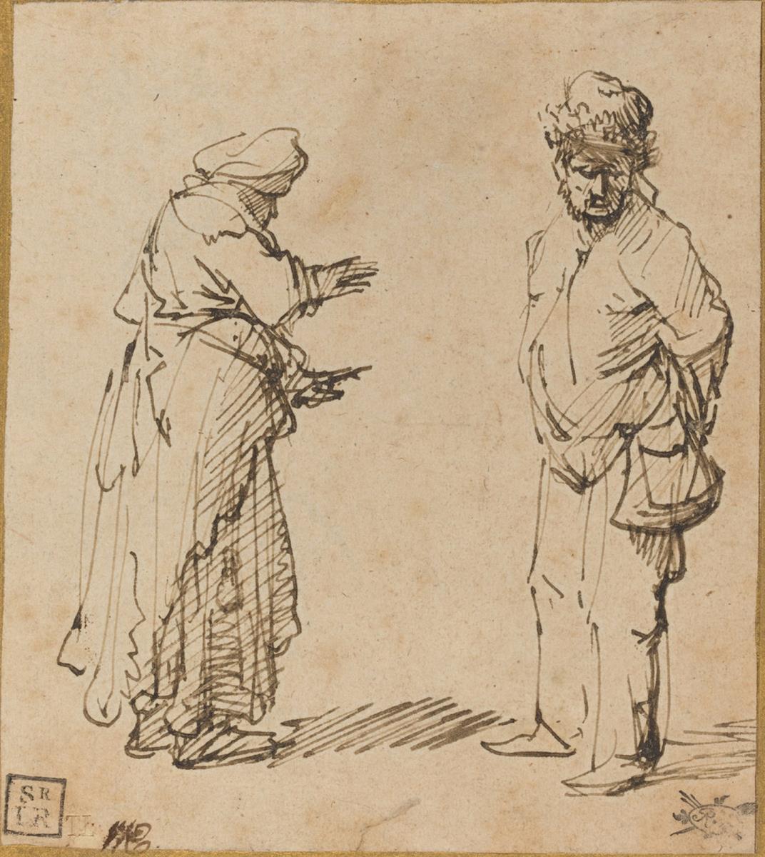 Pen-and-ink drawing of two beggars facing each other on an empty ground; the woman at left leans forward with open hands while the man at right, in a fur cap and satchel, turns toward her with one hand behind his back, their exchange defined by lively, economical lines.