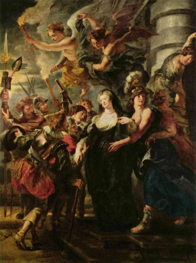Night scene of Marie de Medici escorted from a palace: torches flare, soldiers crowd, and winged figures descend while helmeted Minerva steadies the queen’s arm; towering columns frame the exit as the procession moves forward in warm, flickering light.