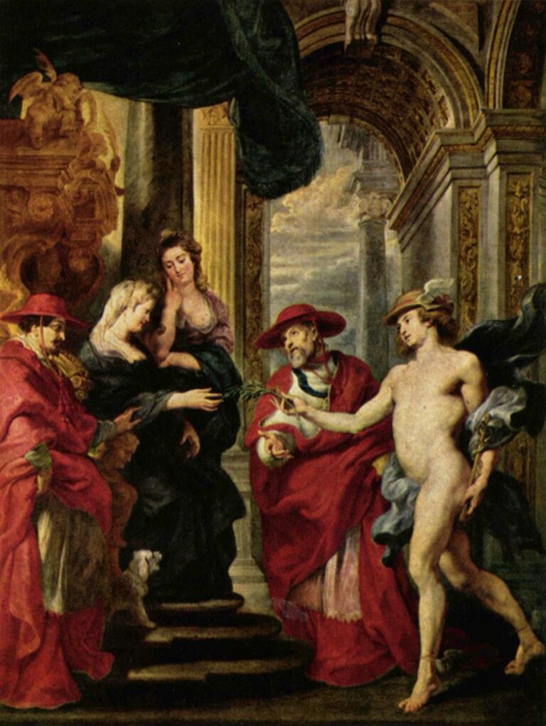 Baroque scene in a grand hall where Marie de’ Medici sits on a dais as Mercury offers an olive branch; two cardinals in red and a young attendant flank the queen beneath a dark green canopy, with arches and pilasters opening to a cloudy sky.