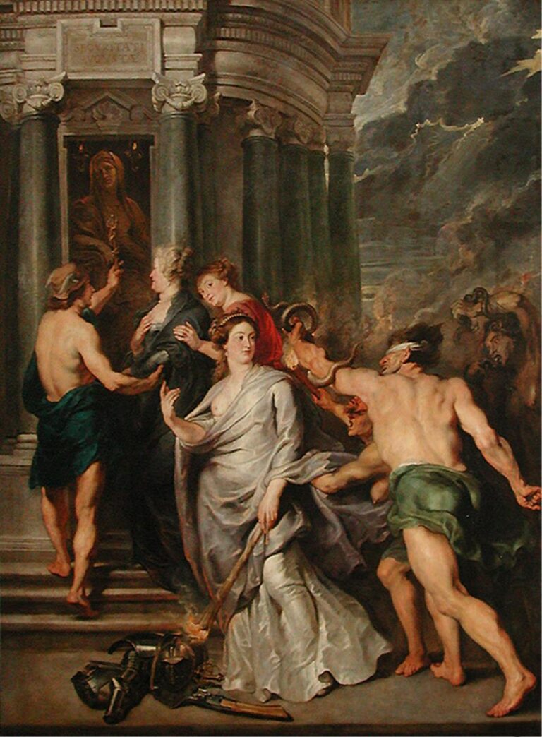 Baroque painting by Peter Paul Rubens depicting a queen guided by a silver-draped personification toward a temple while a satyr and stormy chariot pull from the opposite side; discarded armor lies at her feet and dark clouds churn behind marble columns.