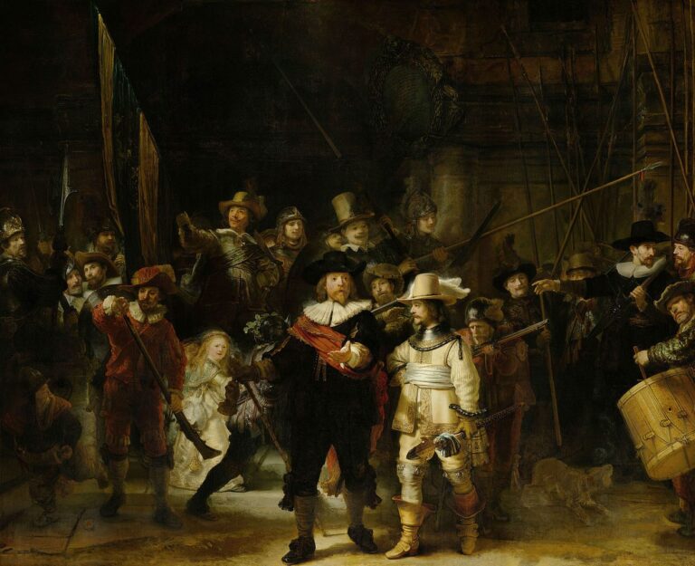 Large Rembrandt painting of a militia company mustering: Captain Frans Banninck Cocq gestures forward beside the brightly dressed lieutenant; pikes tilt, a drummer beats, a banner waves, a musket fires, and a small girl in yellow glows amid the bustling crowd in warm daylight.