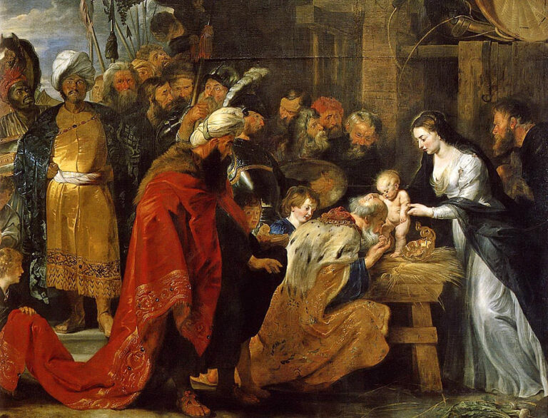 Baroque painting by Peter Paul Rubens showing the three kings and their retinues crowding into a rustic manger as Mary presents the standing Christ child, with a kneeling king kissing the child’s feet, rich red and gold fabrics, and dramatic warm light focusing attention on the infant.