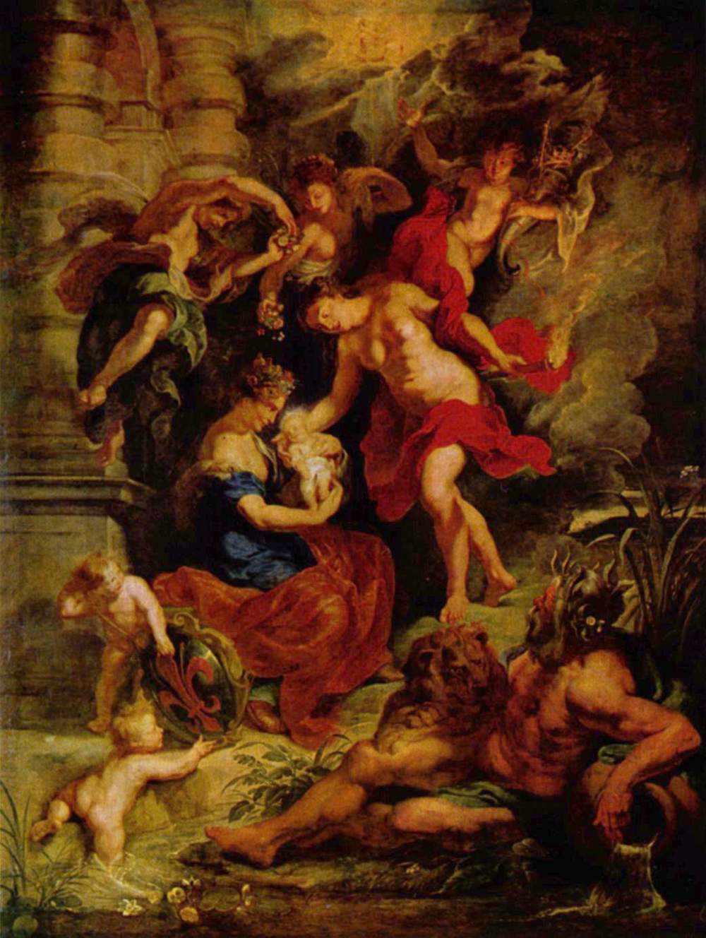 Allegorical scene of a royal mother seated with her newborn as personifications of France and Abundance attend, winged figures scatter flowers, and a river god pours water; swirling draperies and warm light converge on the mother and child.