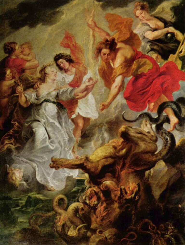 Allegorical scene of Marie de Medici in white guided toward reconciliation while deities hover; a thunder-casting figure in red drives a writhing hydra of serpents downward, and Providence looks on with a globe amid luminous clouds.