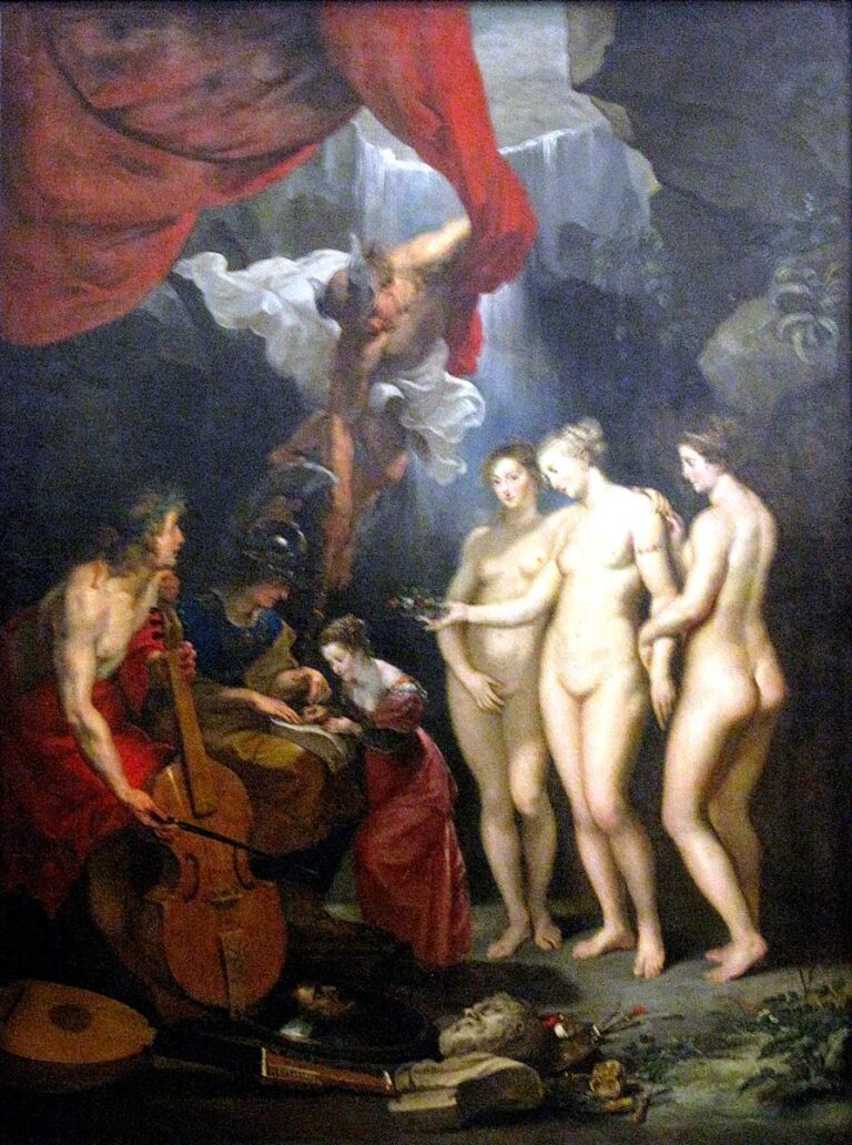 Allegorical scene in a grotto where Minerva guides a young princess at a tablet; the Three Graces approach at right, a musician tunes a viol at left, Mercury descends through red drapery above, and instruments lie in the foreground by a silver waterfall.