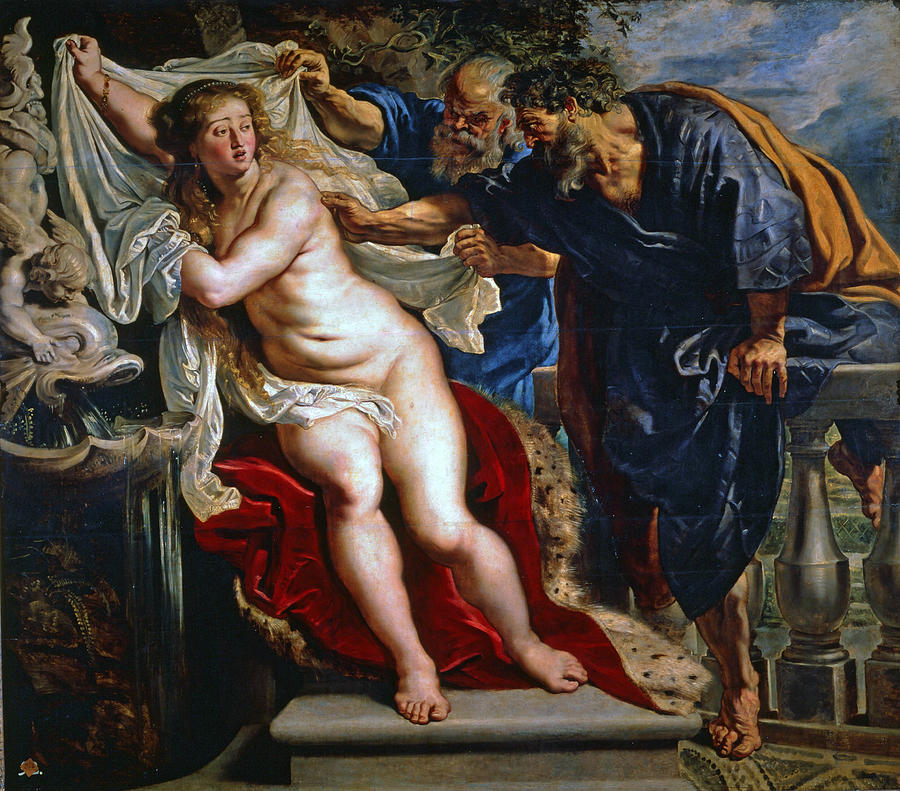 Susanna twists on a stone ledge, nude and alarmed, pulling a white veil across her body as two elders in dark robes grab at the cloth; a red mantle erupts beneath and a fountain with a putto pours water nearby, all under a bright sky.