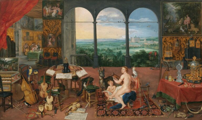 Grand interior with Venus and Cupid on a carpet playing a small instrument; dozens of lutes, viols, winds, keyboards, scores, and clocks surround them; parrots perch by a balustrade; three arches reveal a bright landscape with a distant palace.