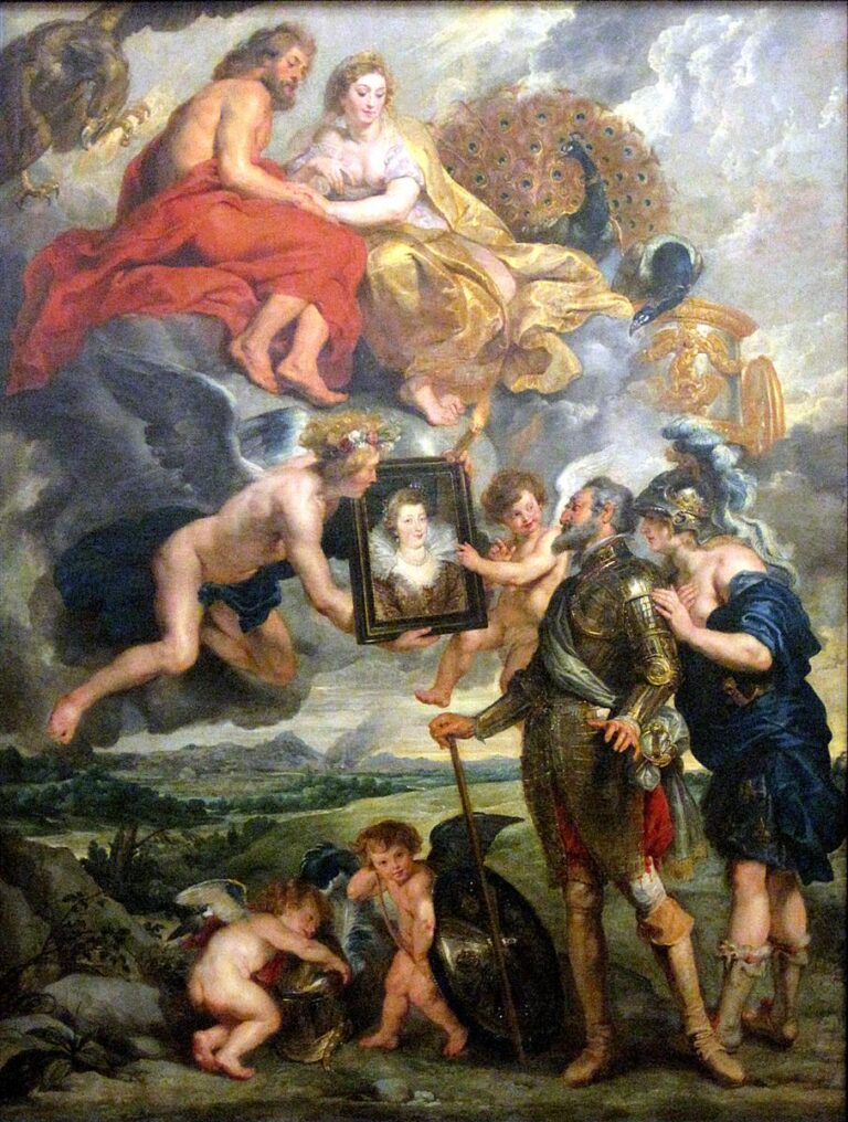Baroque painting by Peter Paul Rubens in which winged cupids present a framed portrait of Marie de’ Medici to Henry IV in armor; the personification of France guides his gaze as Jupiter and Juno watch from luminous clouds with eagle, peacock, and trophies above.