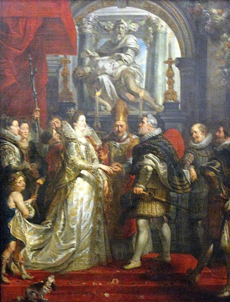 Baroque chapel scene where Marie de’ Medici, in a gold and white gown, gives her hand to Henry IV’s armored proxy as a bishop officiates; courtiers crowd the red-carpeted space, a child lifts the train, and a colossal marble Pietà presides above the ceremony.
