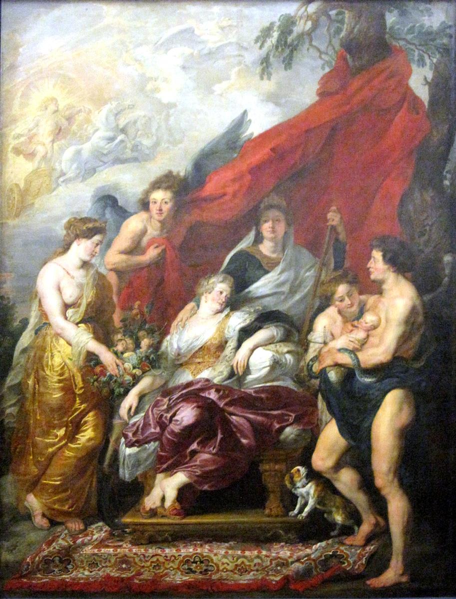 Large Baroque scene with Marie de’ Medici reclining on a throne beneath a red canopy, attended by allegorical figures offering fruit and flowers while a couple presents a newborn; a small dog stands by and a radiant sky with a chariot glows at left.