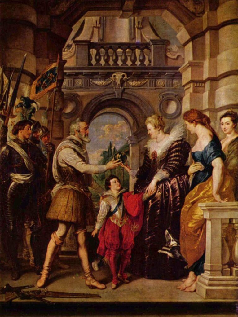 In a grand architectural hall, a bearded king in campaign dress extends a baton to Marie de’ Medici as young Louis XIII stands between them; soldiers with fleur-de-lis standards watch at left, allegorical women and a small dog attend at right, and light falls across stone, velvet, and steel.